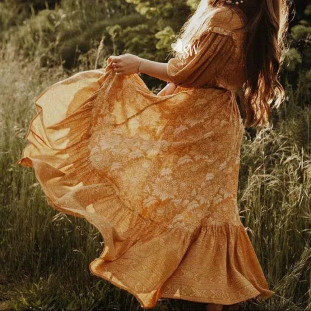 Bohemian Gypsy Print Ruffle Floral Dress Orange - Picture 3 of 13